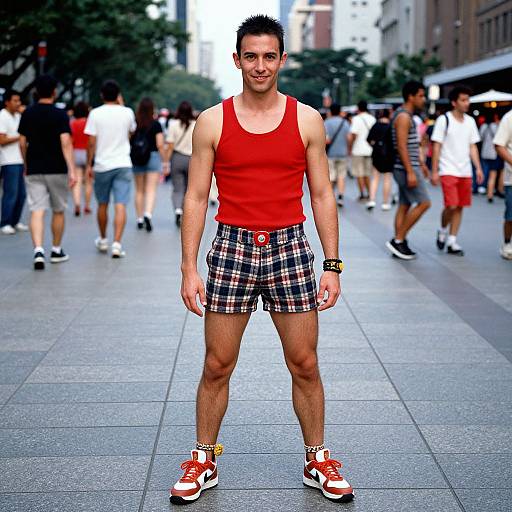 Photograph of a muscular young man in a red tank top, plaid shorts, and red sneakers, standing confidently in a busy city street. Bl