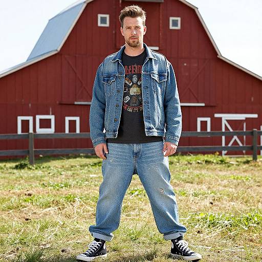 Photograph of a bearded man with short brown hair, wearing a denim jacket, black shirt, blue jeans, and black sneakers, standing in front