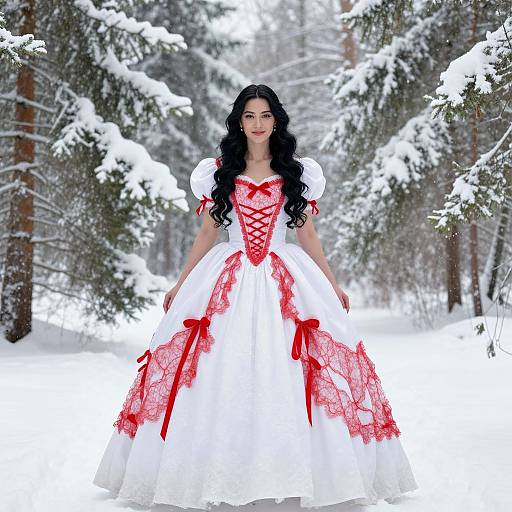 Photograph of a fair-skinned woman with long black hair, wearing a white ball gown with red lace and ribbons, standing in a snowy forest