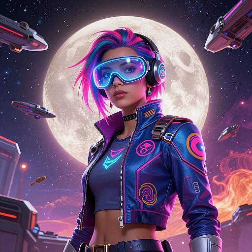 Digital art of a punk-style woman with neon pink and blue hair, wearing a futuristic jacket, goggles, and headphones, against a bright full moon and