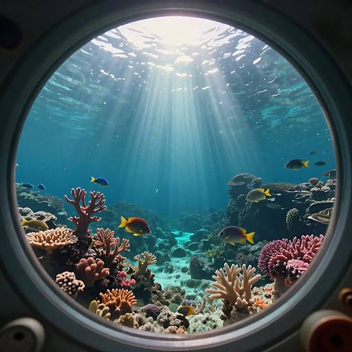 Photograph of vibrant underwater coral reef viewed through a circular submarine window, with sunlight streaming down, illuminating colorful fish and corals.