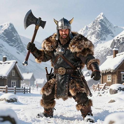 Viking warrior in fur armor and horned helmet, holding axe, stands in snowy village with mountainous background, CGI image.