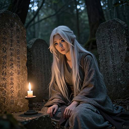 Photograph of a pale-skinned, long-haired woman with blue eyes, wearing a dark robe, sitting in a forest graveyard at night, illuminated by