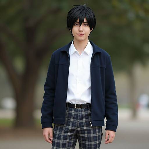 Photorealistic CGI of a young Asian man with black hair, wearing a black jacket, white shirt, and plaid pants, standing outdoors with a