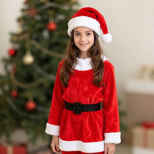 Girl in Santa Costume by Christmas Tree