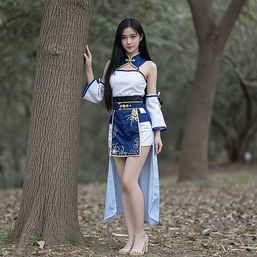 Photograph of an Asian woman with long black hair, wearing a white and blue traditional Chinese dress, standing beside a tree in a forest.