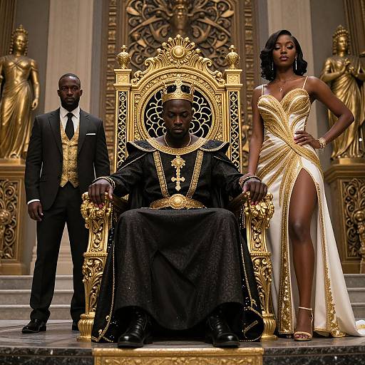 Photograph of three African Americans in regal attire: central figure in black robe and golden throne, flanked by man in black suit and woman in