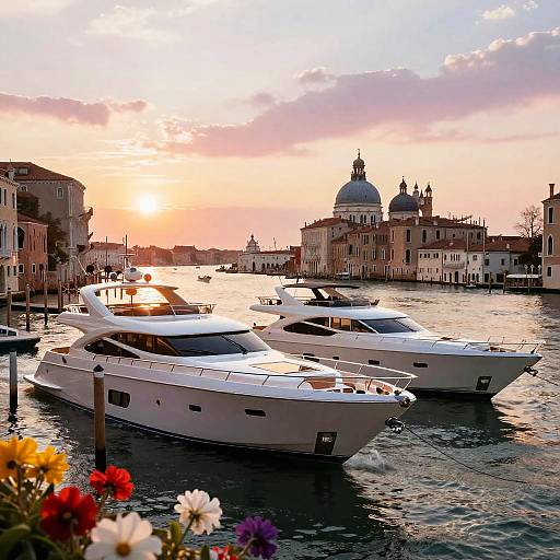 Photograph of two sleek white yachts docked in a Venetian canal at sunset, with colorful flowers in the foreground and historic buildings with dom