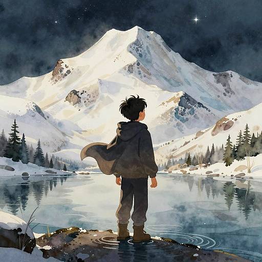 Boy Standing by Snowy Mountain Lake at Night