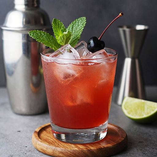 Red Cocktail with Mint and Cherry Garnish