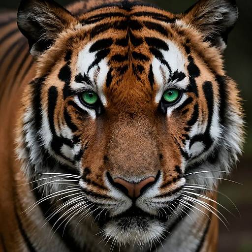 Close-up photograph of a majestic Bengal tiger with intense green eyes, orange fur, black stripes, and white whiskers, staring directly at the camera.