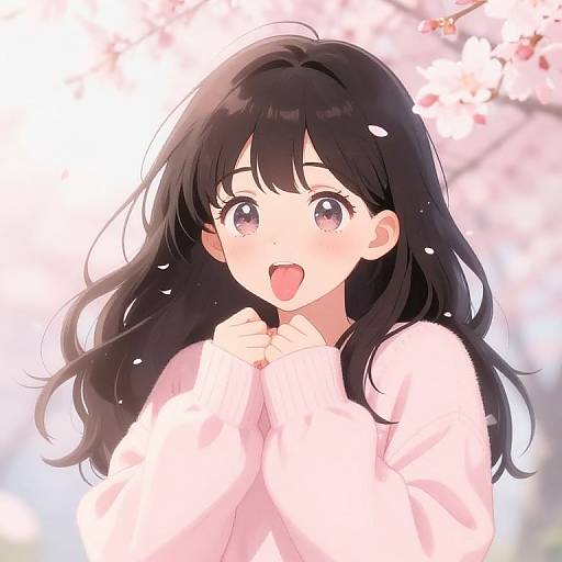 Anime-style digital drawing of a cute, smiling girl with long black hair, pink eyes, and a white long-sleeve shirt, standing against a