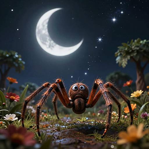 Digital illustration of a large, cartoonish, wide-eyed spider with hairy legs in a moonlit garden, surrounded by colorful flowers and trees, under a
