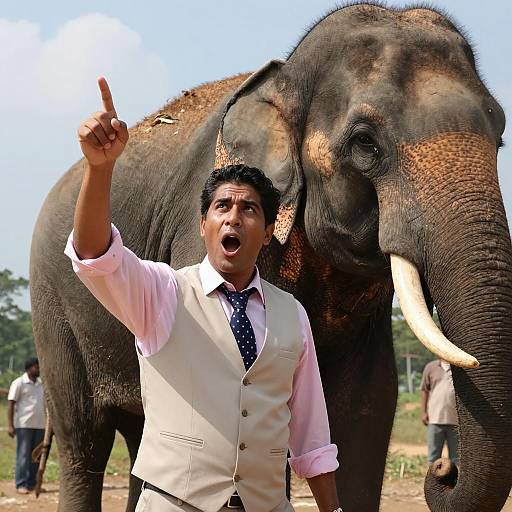 Man Pointing Next to Elephant