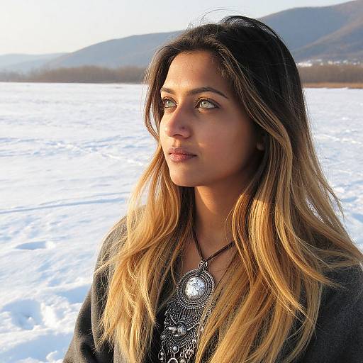 Photograph of a young woman with long, blonde-highlighted brown hair, wearing a silver necklace, standing in a snowy landscape with mountains in the background
