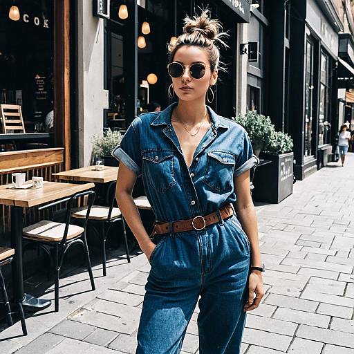 Woman in Denim Jumpsuit on Urban Sidewalk