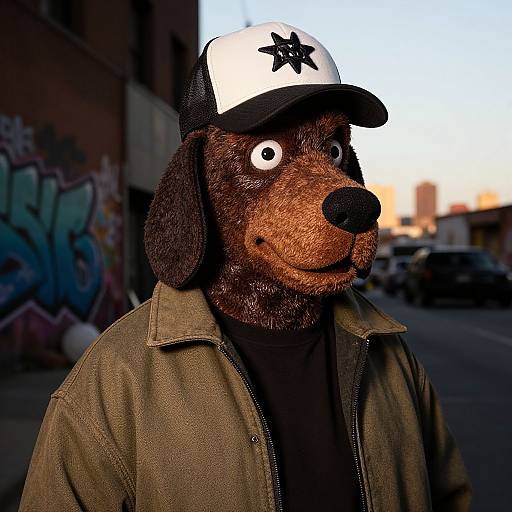 Photograph of a brown-furred, cartoon dog wearing a white and black baseball cap with a star, green jacket, and black shirt, standing in