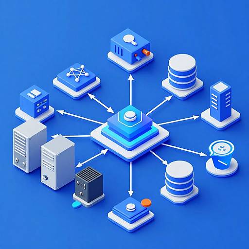 CGI illustration of interconnected blue and white electronic devices with arrows, set against a vibrant blue background, showcasing a network system.