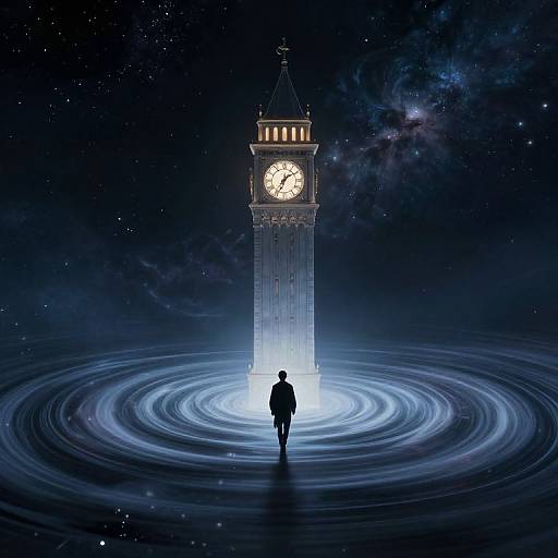 Digital artwork: Silhouetted figure walks towards glowing, clock-topped tower with luminescent base, surrounded by swirling blue lights, in a