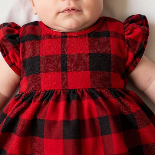 Photograph of a baby's upper body wearing a red and black plaid dress with short sleeves, soft light background.