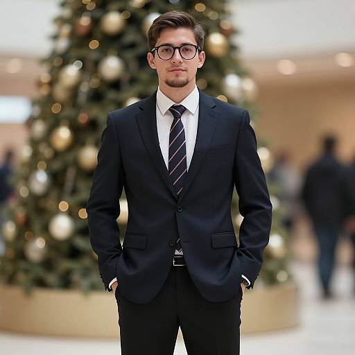 Photograph of a handsome, young man with glasses, short brown hair, and a beard, wearing a black suit, white shirt, and striped tie