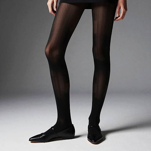 Photograph of a person's lower half wearing black, textured tights and black loafers, standing against a gradient gray background.