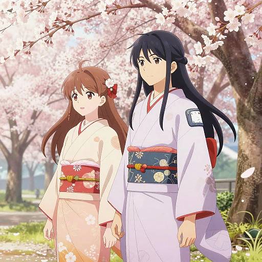 Anime-style digital drawing of two girls in traditional white kimonos, standing under cherry blossom trees with sunlight filtering through.