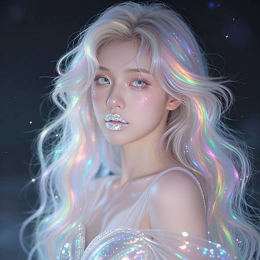 Digital artwork of a glowing, ethereal woman with long, iridescent white hair, sparkling silver lips, and a shimmering dress, set against