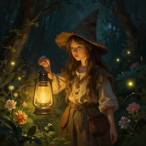 Digital painting of a young witch with long brown hair, wearing a pointed hat and white blouse, holding a glowing lantern in a dark, enchanted forest with