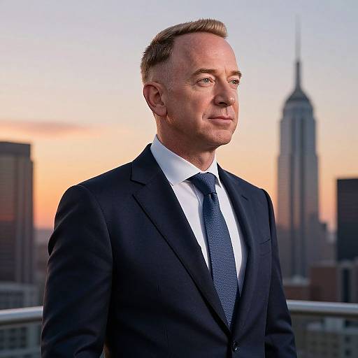 Photograph of a middle-aged man with short blonde hair in a black suit, white shirt, and navy tie, standing against a sunset-lit city
