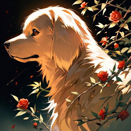 Golden Retriever and Red Rose Side View Golden Retriever and Red Rose Side View