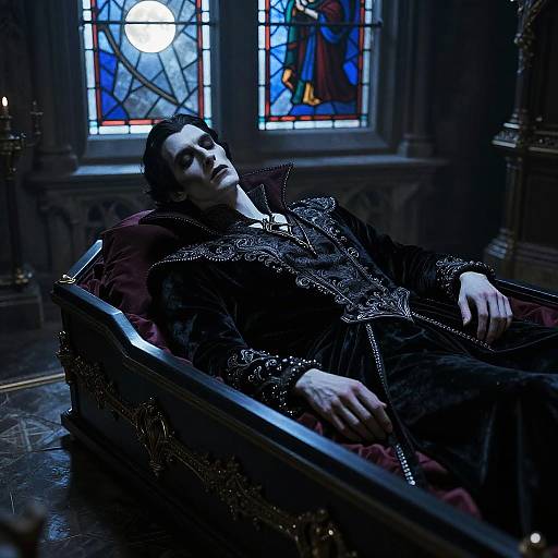 Mysterious Vampire Resting in Gothic Coffin