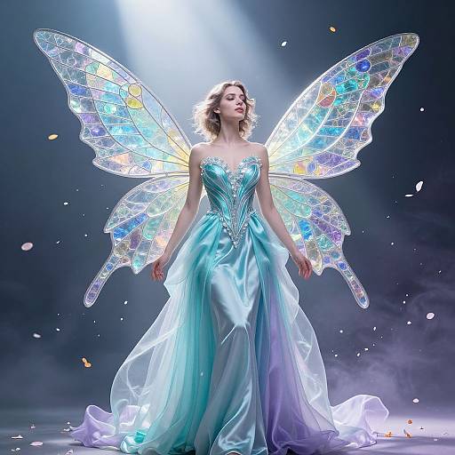 Photograph of a fair-skinned woman with wavy blonde hair, wearing a shimmering blue gown and iridescent, mosaic-patterned fairy wings