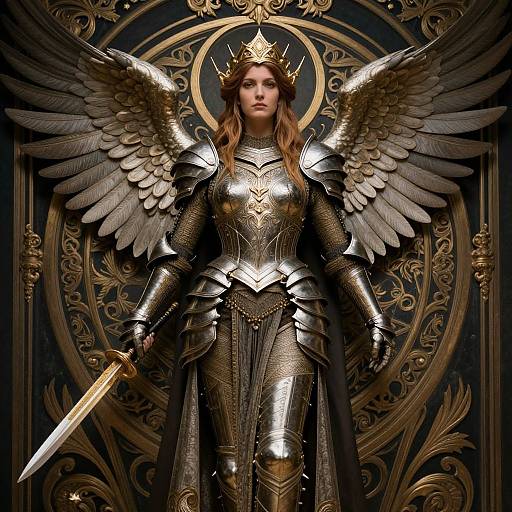 Digital art of a regal, winged woman in golden armor, crown, holding a sword, standing against ornate, dark background.