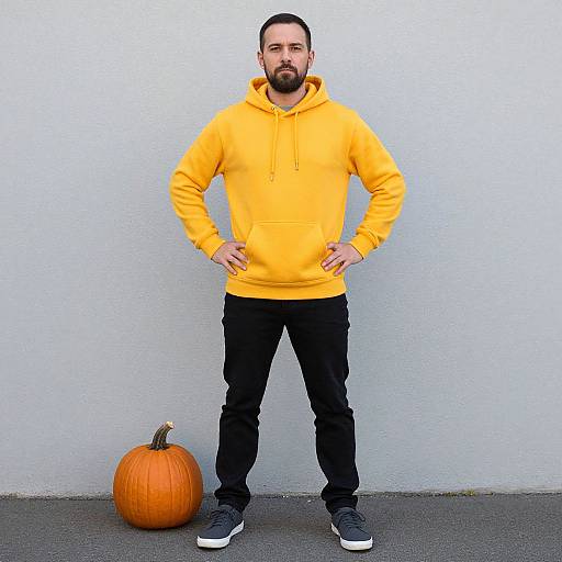 Bearded Man in Yellow Hoodie with Pumpkin