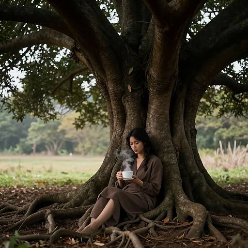 Serene Ancient Tree and Tea Solitude