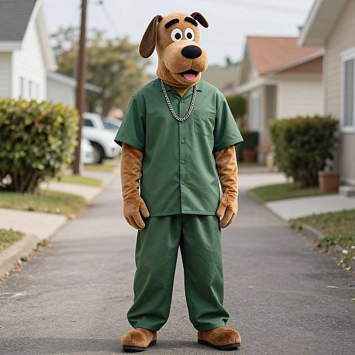 Photograph of a person wearing a brown dog costume with floppy ears, green medical scrubs, and a chain necklace, standing on a suburban sidewalk.
