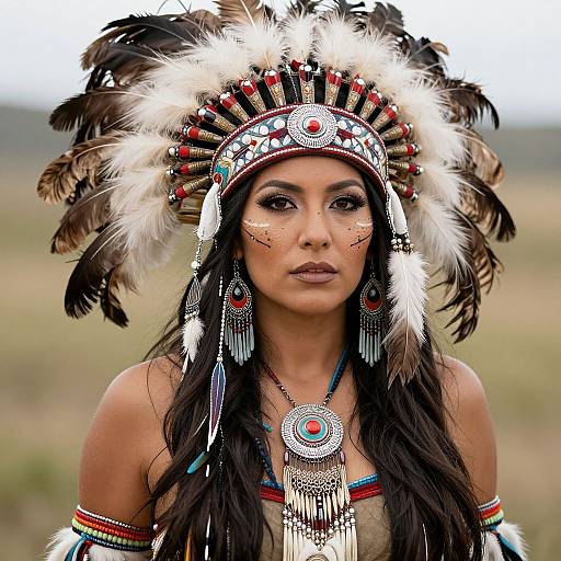 Photograph of a woman with long dark hair, wearing a detailed Native American headdress, intricate jewelry, and traditional attire, set against a blurred outdoor