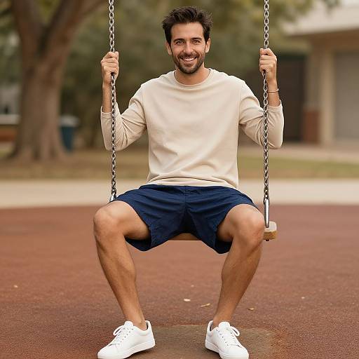 Photograph of a smiling, bearded man with dark hair, wearing a cream sweater, navy shorts, and white sneakers, sitting on a swing in