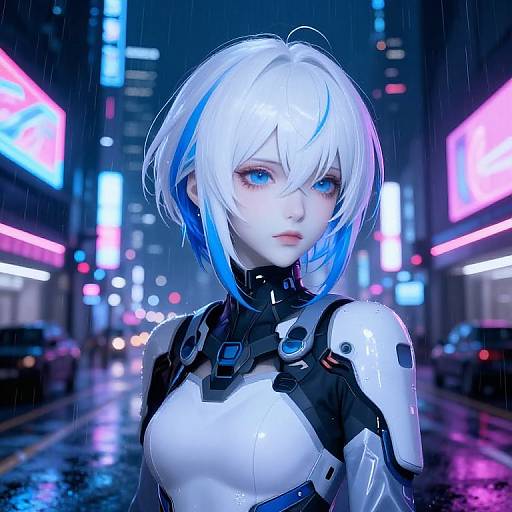 Digital anime-style artwork of a white-haired, blue-eyed cybernetic woman with glowing neon lights and rain in a futuristic city.