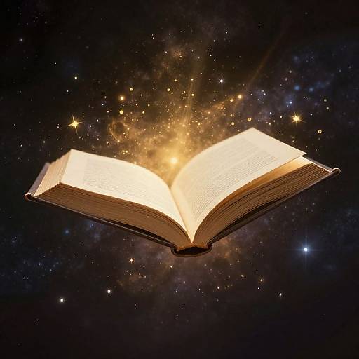 Photograph of an open book emitting a bright, magical golden glow, surrounded by sparkling stars and cosmic dust against a dark, starry background.
