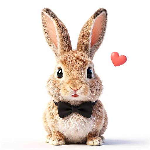 Photorealistic CGI of a cute brown rabbit with fluffy fur, black bow tie, and pink nose, sporting a small red heart beside its head against