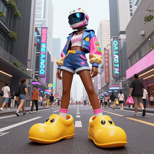 Digital artwork of a Black woman in colorful, futuristic streetwear with oversized yellow slippers, standing confidently in a neon-lit city street.
