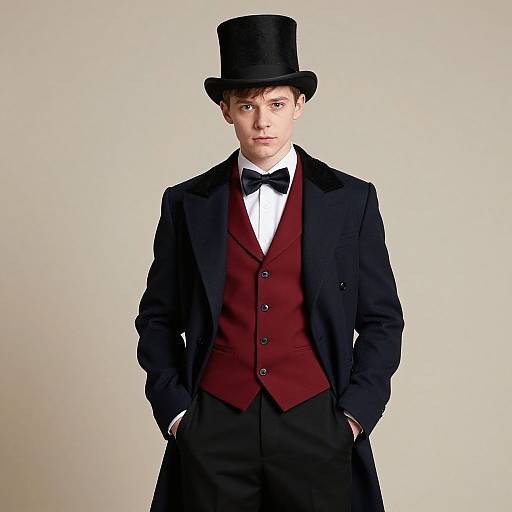 Photograph of a young white man in a black top hat, black tailcoat, red waistcoat, white shirt, and black bow tie, standing