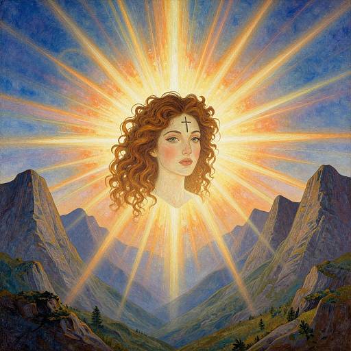Digital artwork of a curly-haired woman with a cross on her forehead, radiating sun beams, set against a mountainous landscape at sunset.