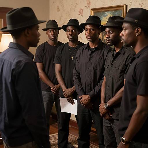 Intense Gathering of Men in Shadows