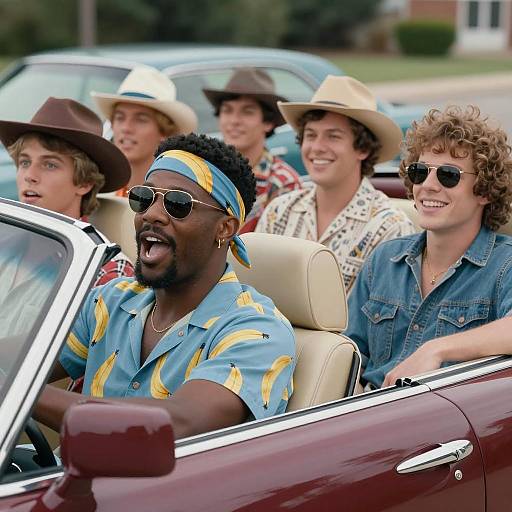 Excited Group in a Maroon Convertible