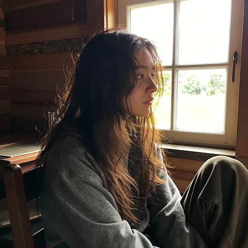 Photograph of a young woman with long, unkempt brown hair, wearing a gray sweatshirt, sitting in a dimly lit wooden room beside a