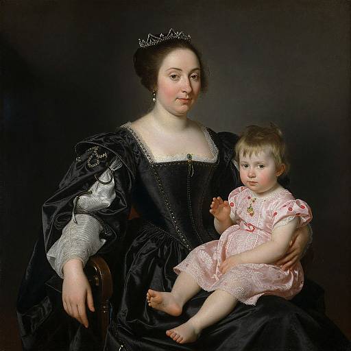 Baroque portrait of a fair-skinned woman in a black dress and silver crown, holding a rosy-cheeked baby in a pink lace dress