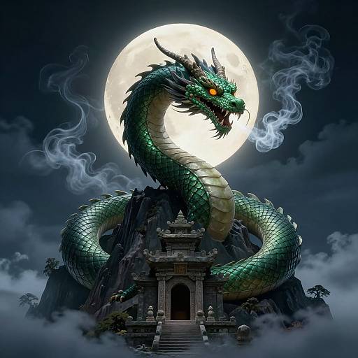Digital art: A green, serpent dragon with glowing red eyes and smoke breathing, coiled around a dark temple, under a full moon.